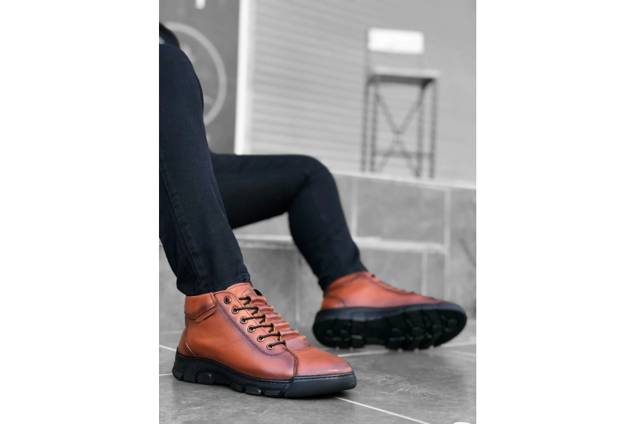 Shoecide Sb0213 Gizli Bağcıklı Hakiki Deri Taba Erkek Yarım Bilek  Bot