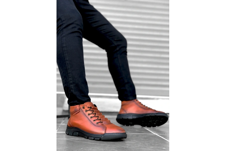 Shoecide Sb0213 Gizli Bağcıklı Hakiki Deri Taba Erkek Yarım Bilek  Bot