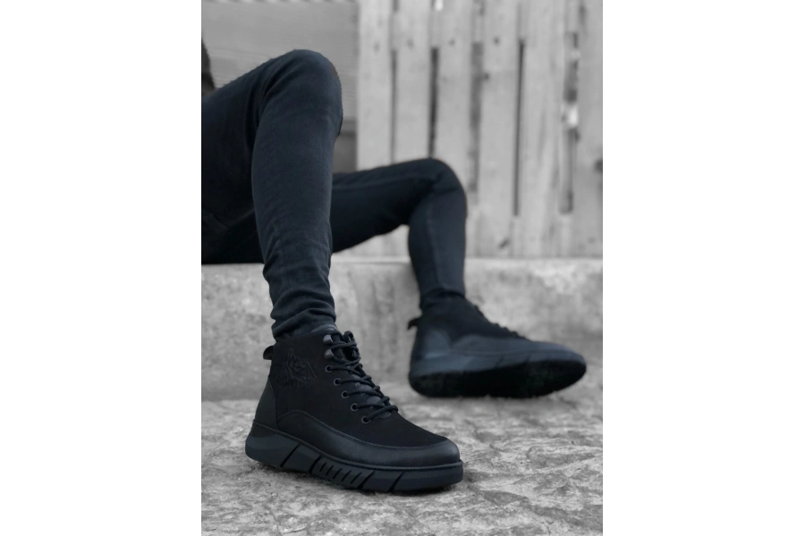 Shoecide Sb0219 İçi Dışı Hakiki Deri Bağcıklı Siyah Erkek Spor Yarım Bilek Bot