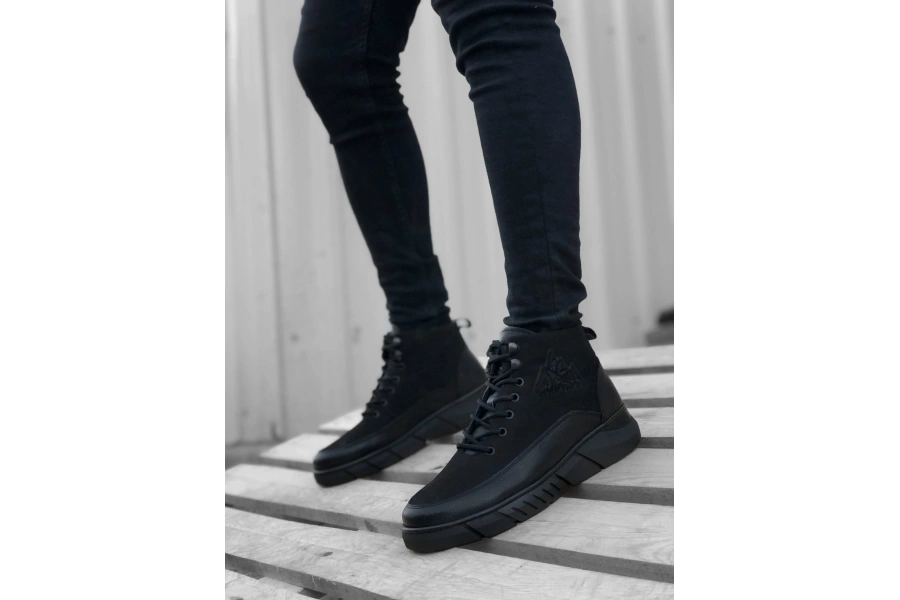 Shoecide Sb0219 İçi Dışı Hakiki Deri Bağcıklı Siyah Erkek Spor Yarım Bilek Bot