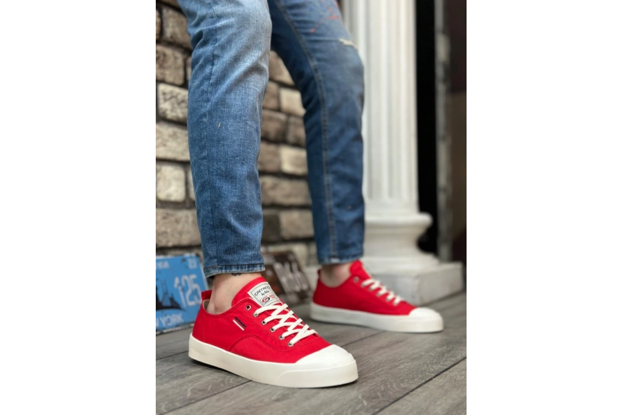 Shoecide Sb0223 Boa Rahat Düz Taban Keten Bağcıklı Kırmızı Günlük Erkek Ayakkabı