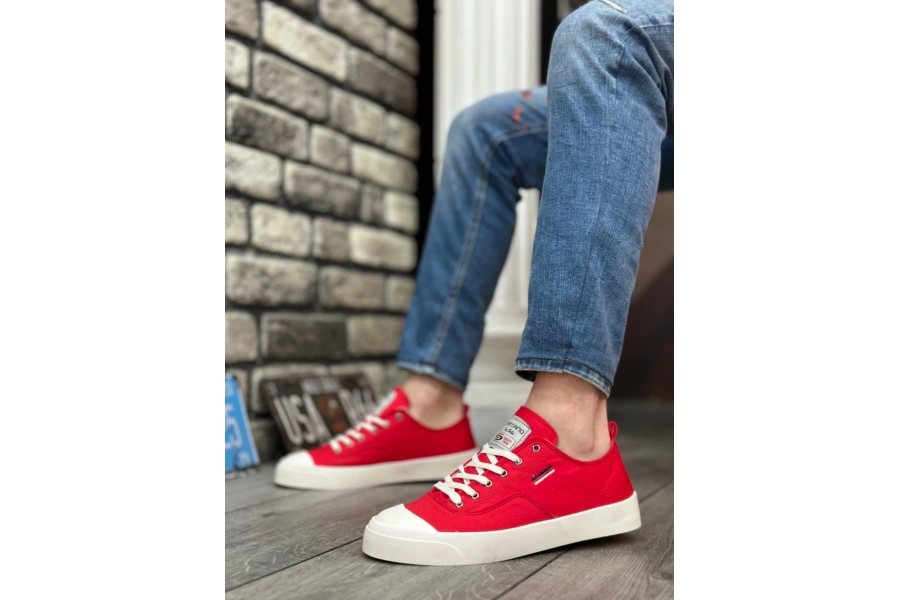 Shoecide Sb0223 Boa Rahat Düz Taban Keten Bağcıklı Kırmızı Günlük Erkek Ayakkabı