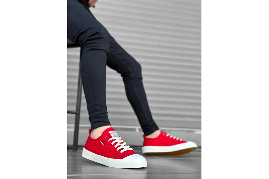 Shoecide Sb0223 Boa Rahat Düz Taban Keten Bağcıklı Kırmızı Günlük Erkek Ayakkabı
