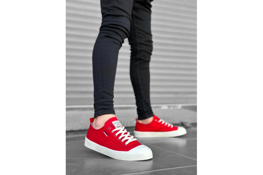 Shoecide Sb0223 Boa Rahat Düz Taban Keten Bağcıklı Kırmızı Günlük Erkek Ayakkabı