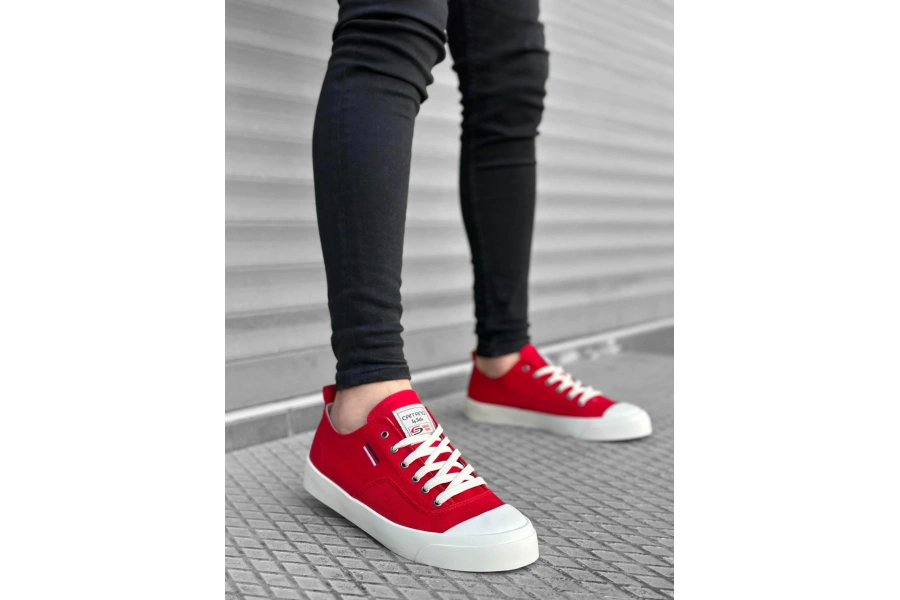 Shoecide Sb0223 Boa Rahat Düz Taban Keten Bağcıklı Kırmızı Günlük Erkek Ayakkabı
