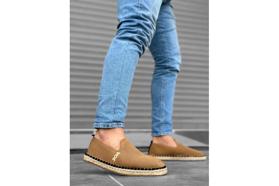 Shoecide Sb0224 Boa Rahat Düz Taban Espadril Örme Triko Taba Günlük Erkek Ayakkabı
