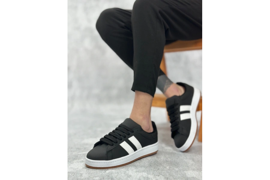 Shoecide Sb0235 Boa İki Çizgili Siyah Cilt Erkek Günlük Ayakkabı