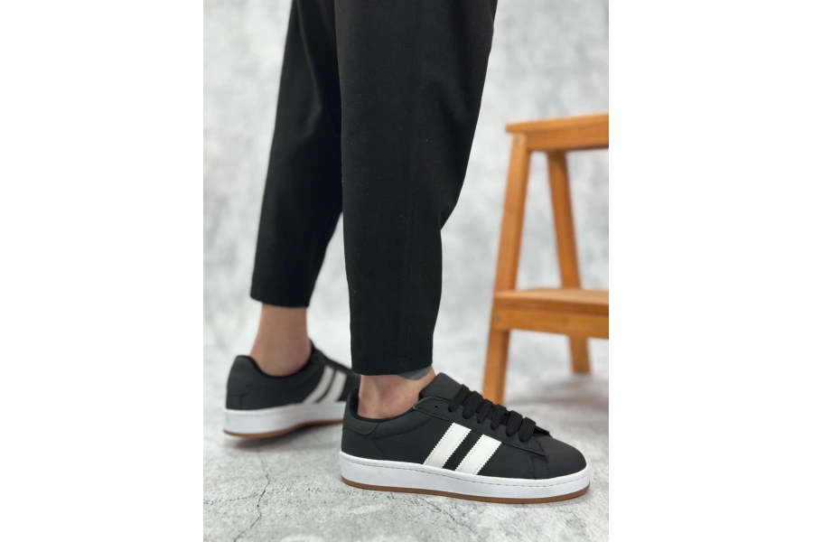 Shoecide Sb0235 Boa İki Çizgili Siyah Cilt Erkek Günlük Ayakkabı