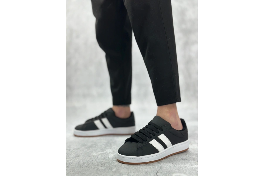 Shoecide Sb0235 Boa İki Çizgili Siyah Cilt Erkek Günlük Ayakkabı