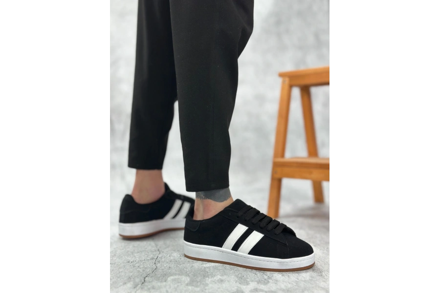 Shoecide Sb0235 Boa İki Çizgili Siyah Süet Erkek Günlük Ayakkabı
