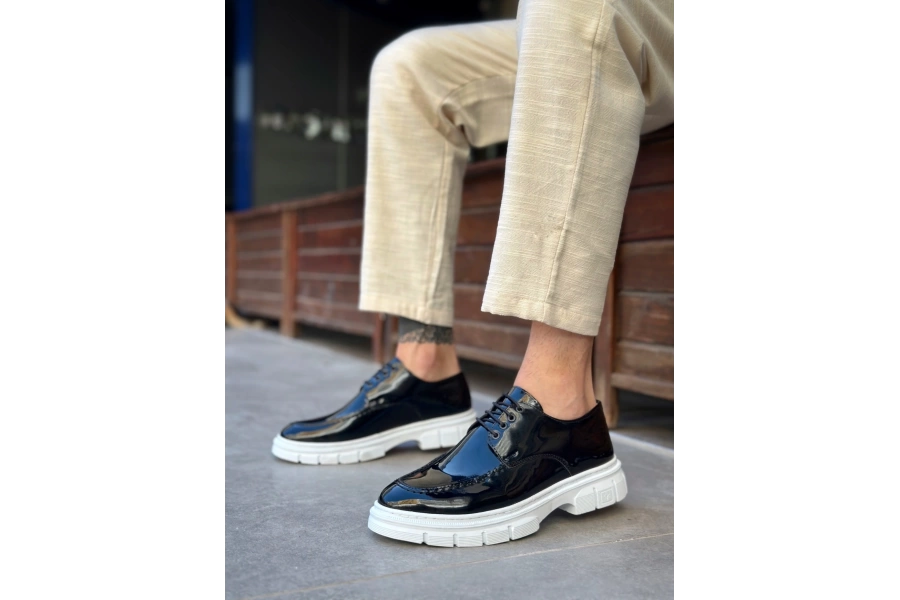 Shoecide Sb0237 Bağcıklı Rugan Klasik Yüksek Taban Siyah Casual Erkek Ayakkabı