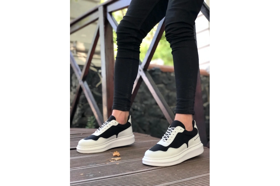 Shoecide Sb0238 Boa Yüksek Taban Beyaz Siyah Bağcıklı Erkek Ayakkabı