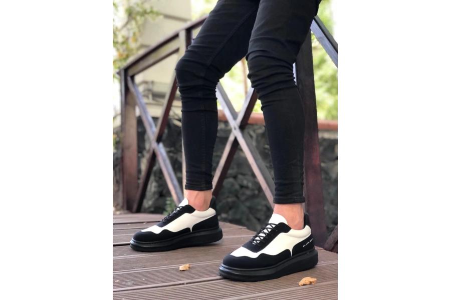 Shoecide Sb0238 Boa Yüksek Taban Siyah Beyaz Bağcıklı Erkek Ayakkabı