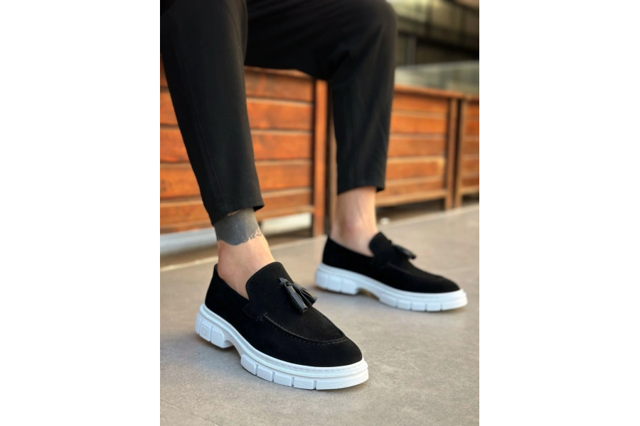 Shoecide Sb0240 Klasik Parlak Püsküllü Süet Siyah Beyaz Taban Erkek Ayakkabı