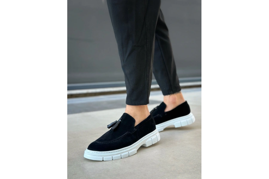 Shoecide Sb0240 Klasik Parlak Püsküllü Süet Siyah Beyaz Taban Erkek Ayakkabı