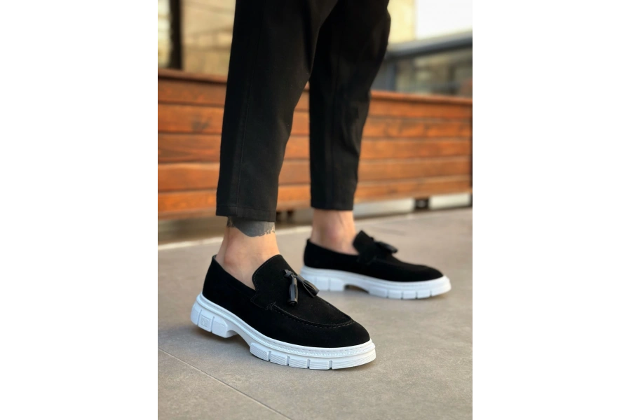 Shoecide Sb0240 Klasik Parlak Püsküllü Süet Siyah Beyaz Taban Erkek Ayakkabı