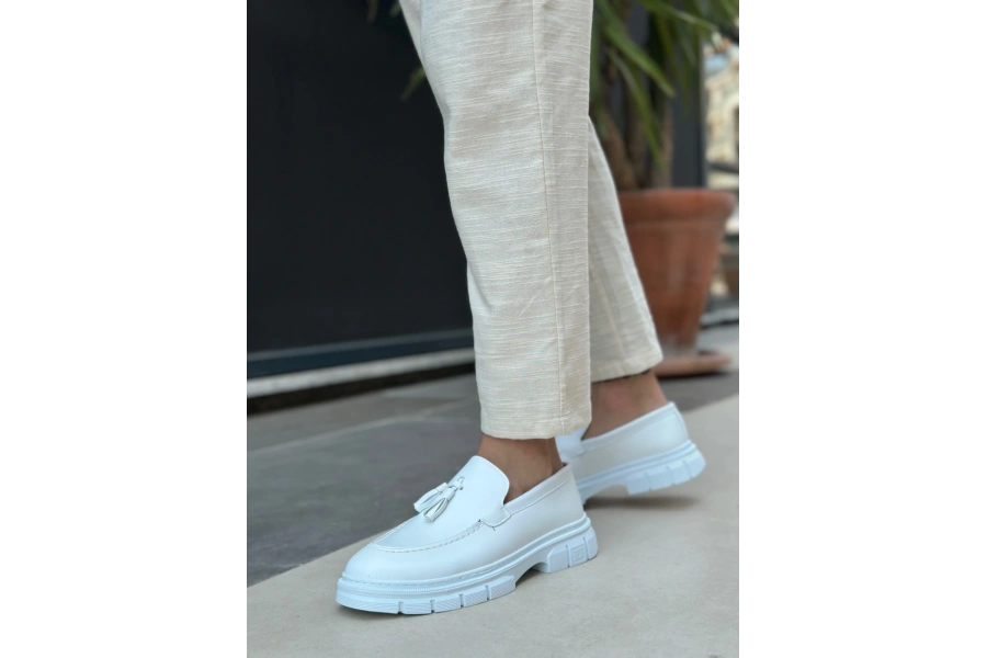 Shoecide Sb0240 Yüksek Taban Klasik Parlak Püsküllü Beyaz Erkek Ayakkabı
