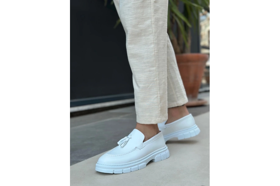 Shoecide Sb0240 Yüksek Taban Klasik Parlak Püsküllü Beyaz Erkek Ayakkabı