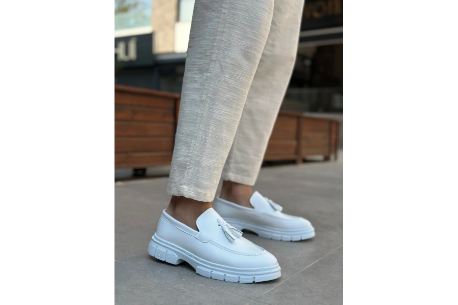 Shoecide Sb0240 Yüksek Taban Klasik Parlak Püsküllü Beyaz Erkek Ayakkabı