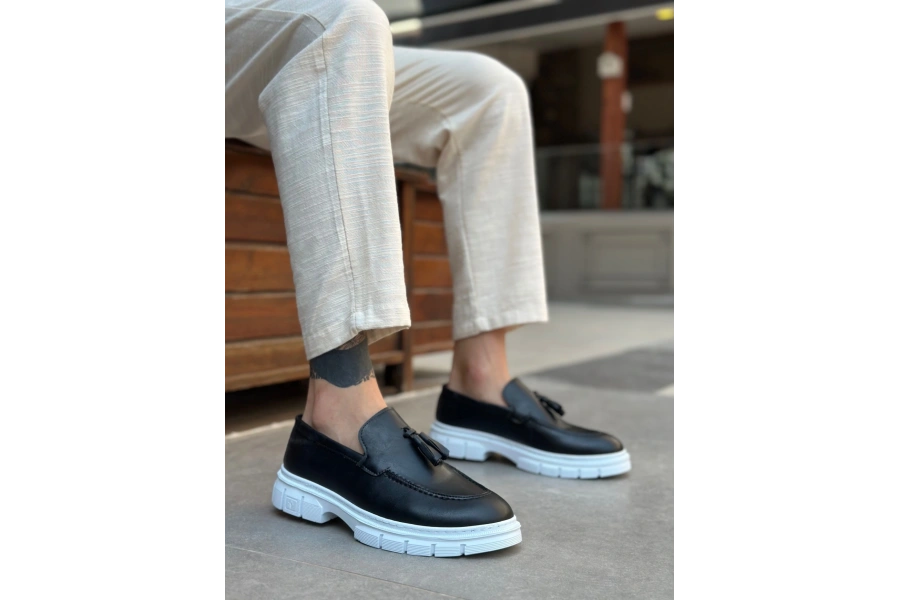 Shoecide Sb0240 Yüksek Taban Klasik Parlak Püsküllü Cilt Siyah Erkek Ayakkabı