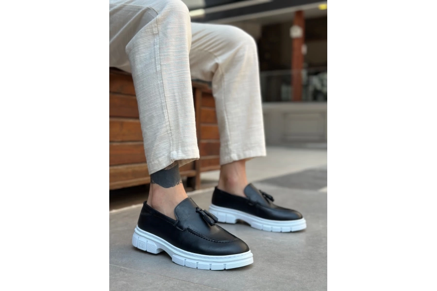 Shoecide Sb0240 Yüksek Taban Klasik Parlak Püsküllü Cilt Siyah Erkek Ayakkabı