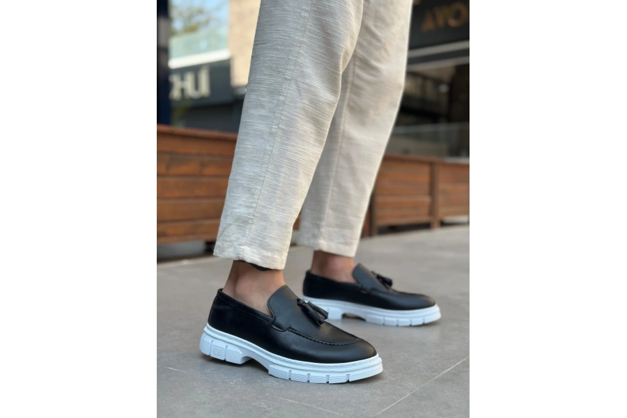 Shoecide Sb0240 Yüksek Taban Klasik Parlak Püsküllü Cilt Siyah Erkek Ayakkabı