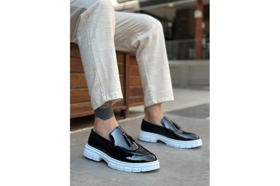 Shoecide Sb0240 Yüksek Taban Klasik Parlak Püsküllü Rugan Siyah Erkek Ayakkabı