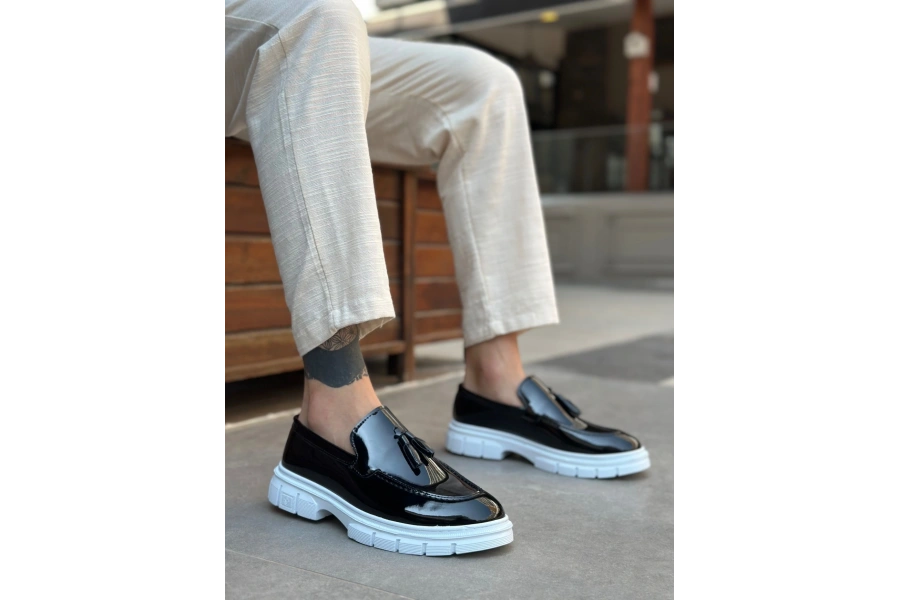 Shoecide Sb0240 Yüksek Taban Klasik Parlak Püsküllü Rugan Siyah Erkek Ayakkabı