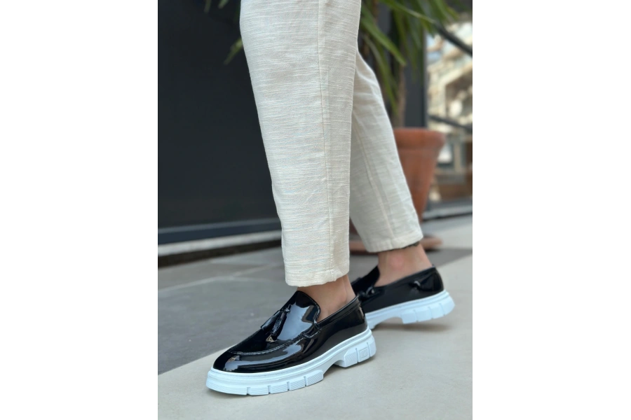 Shoecide Sb0240 Yüksek Taban Klasik Parlak Püsküllü Rugan Siyah Erkek Ayakkabı