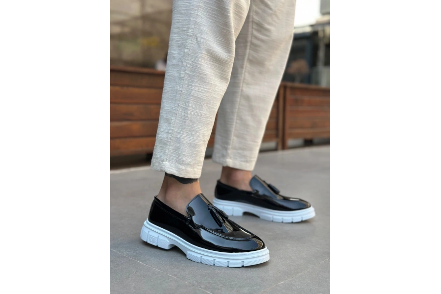 Shoecide Sb0240 Yüksek Taban Klasik Parlak Püsküllü Rugan Siyah Erkek Ayakkabı