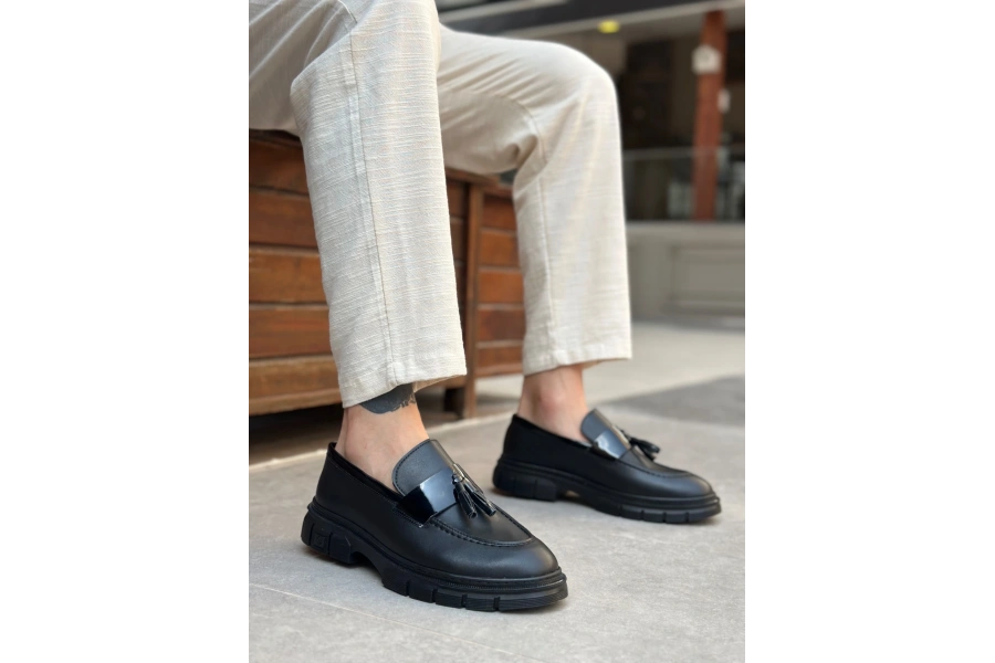 Shoecide Sb0240 Yüksek Taban Klasik Parlak Püsküllü Siyah Taban Erkek Ayakkabı