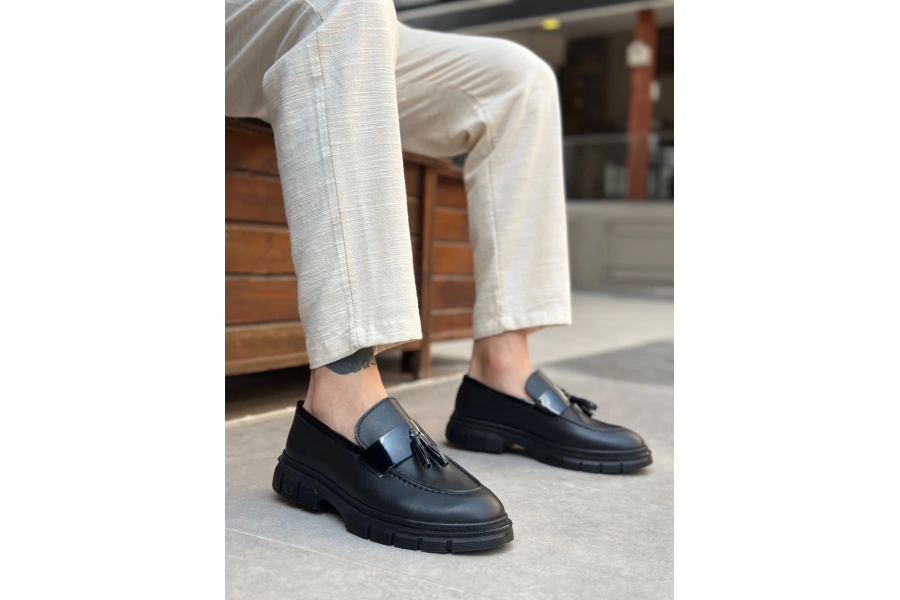 Shoecide Sb0240 Yüksek Taban Klasik Parlak Püsküllü Siyah Taban Erkek Ayakkabı