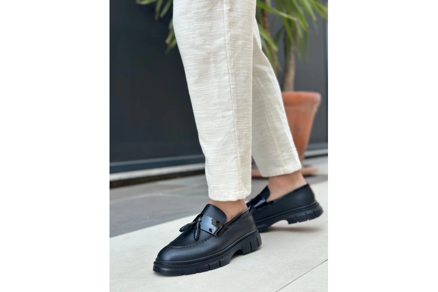 Shoecide Sb0240 Yüksek Taban Klasik Parlak Püsküllü Siyah Taban Erkek Ayakkabı