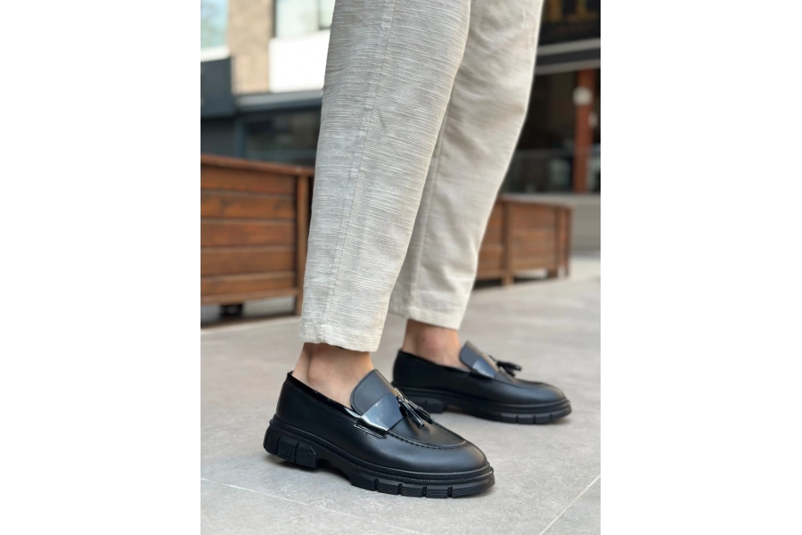 Shoecide Sb0240 Yüksek Taban Klasik Parlak Püsküllü Siyah Taban Erkek Ayakkabı