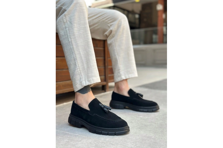 Shoecide Sb0240 Yüksek Taban Klasik Parlak Püsküllü Süet Siyah Erkek Ayakkabı