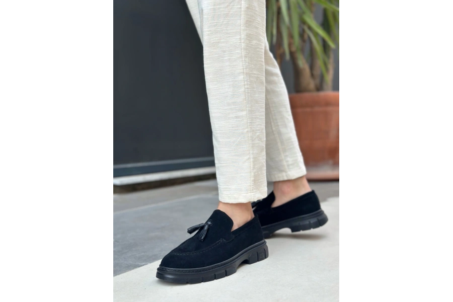 Shoecide Sb0240 Yüksek Taban Klasik Parlak Püsküllü Süet Siyah Erkek Ayakkabı