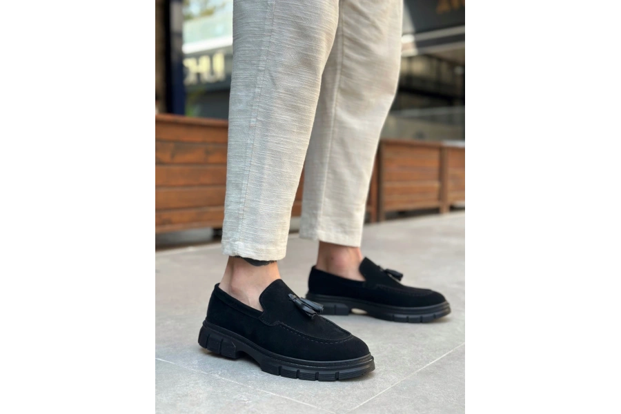 Shoecide Sb0240 Yüksek Taban Klasik Parlak Püsküllü Süet Siyah Erkek Ayakkabı