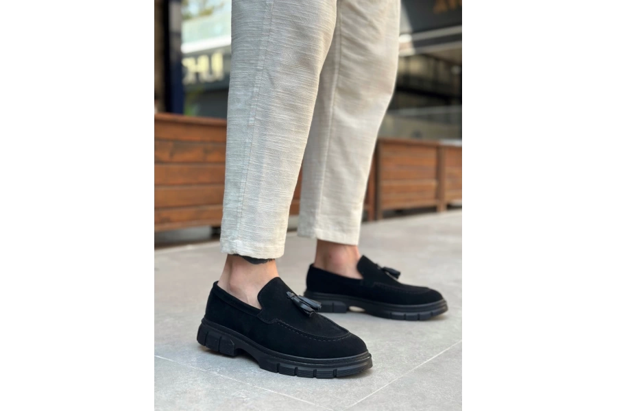 Shoecide Sb0240 Yüksek Taban Klasik Parlak Püsküllü Süet Siyah Erkek Ayakkabı