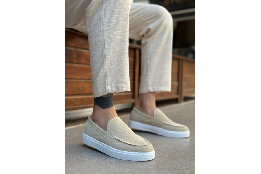 Shoecide Sb0241 Bağcıksız Yüksek Taban Bej Süet Erkek Ayakkabı