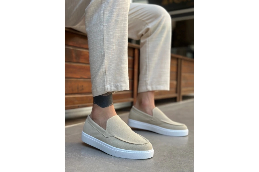 Shoecide Sb0241 Bağcıksız Yüksek Taban Bej Süet Erkek Ayakkabı