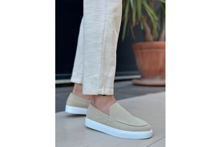 Shoecide Sb0241 Bağcıksız Yüksek Taban Bej Süet Erkek Ayakkabı