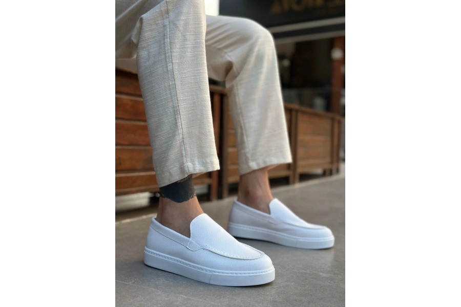 Shoecide Sb0241 Bağcıksız Yüksek Taban Beyaz Cilt Erkek Ayakkabı