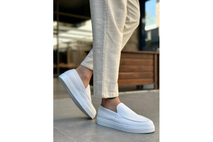 Shoecide Sb0241 Bağcıksız Yüksek Taban Beyaz Cilt Erkek Ayakkabı