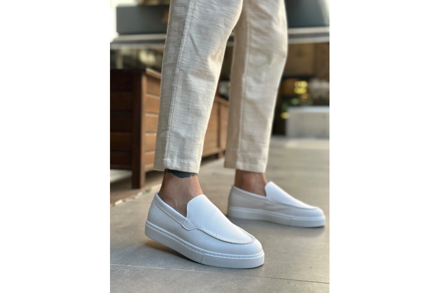 Shoecide Sb0241 Bağcıksız Yüksek Taban Beyaz Cilt Erkek Ayakkabı
