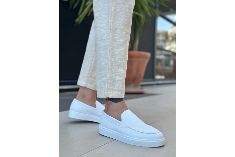 Shoecide Sb0241 Bağcıksız Yüksek Taban Beyaz Cilt Erkek Ayakkabı