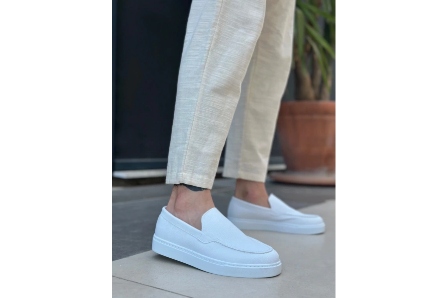 Shoecide Sb0241 Bağcıksız Yüksek Taban Beyaz Cilt Erkek Ayakkabı