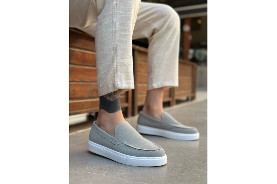 Shoecide Sb0241 Bağcıksız Yüksek Taban Gri Süet Erkek Ayakkabı