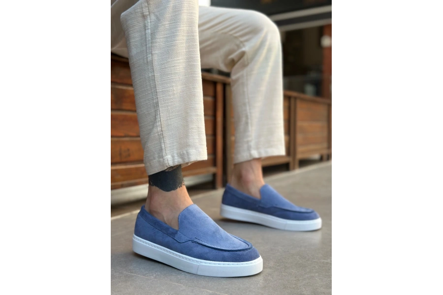 Shoecide Sb0241 Bağcıksız Yüksek Taban Mavi Süet Erkek Ayakkabı