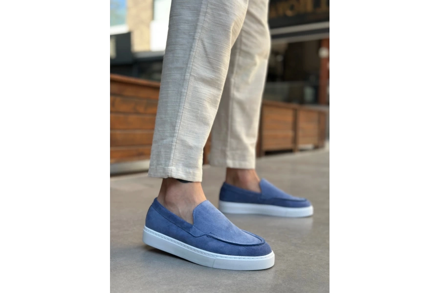 Shoecide Sb0241 Bağcıksız Yüksek Taban Mavi Süet Erkek Ayakkabı