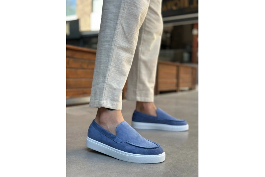 Shoecide Sb0241 Bağcıksız Yüksek Taban Mavi Süet Erkek Ayakkabı